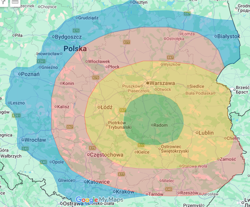 Mapa stref dostawy szamb betonowych - strefa 1 zielona, 2 żółta, 3 czerwona, 4 niebieska