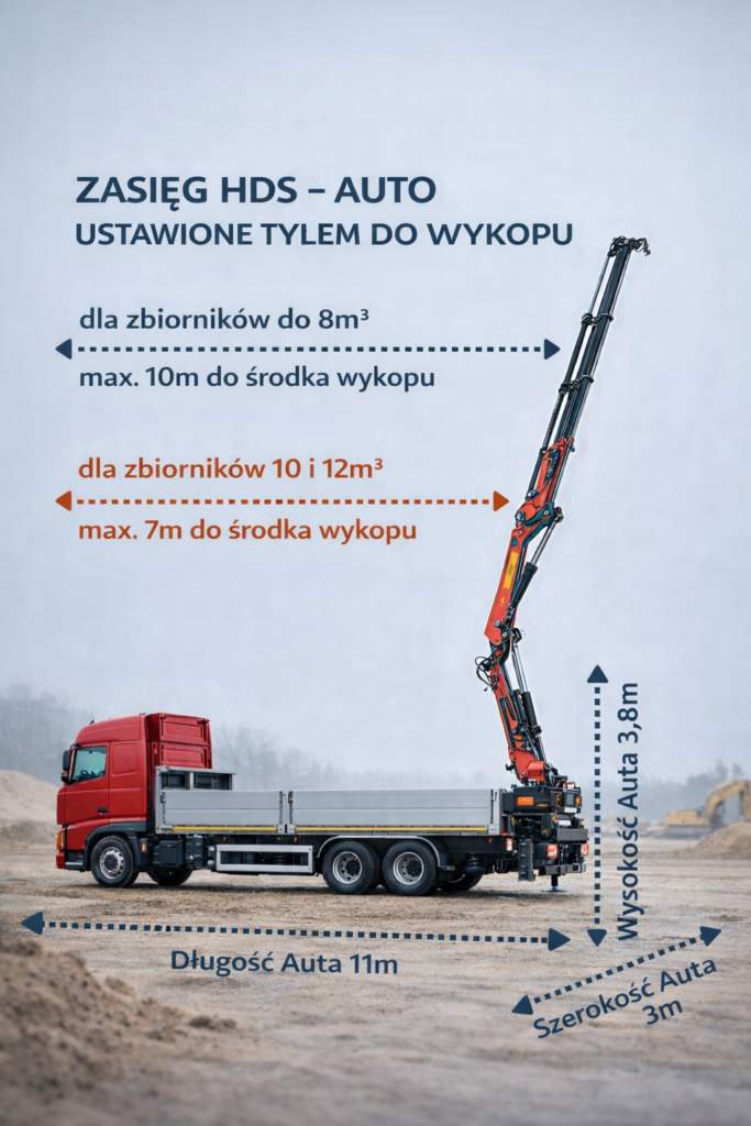Auto montażowe z dźwigiem HDS i zasięg wysięgnika podczas montażu zbiornika